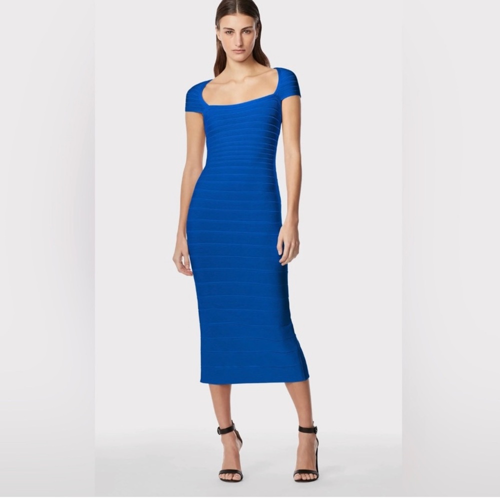 BLUE HERVE LÉGER CAP SLEEVE MIDI DRESS